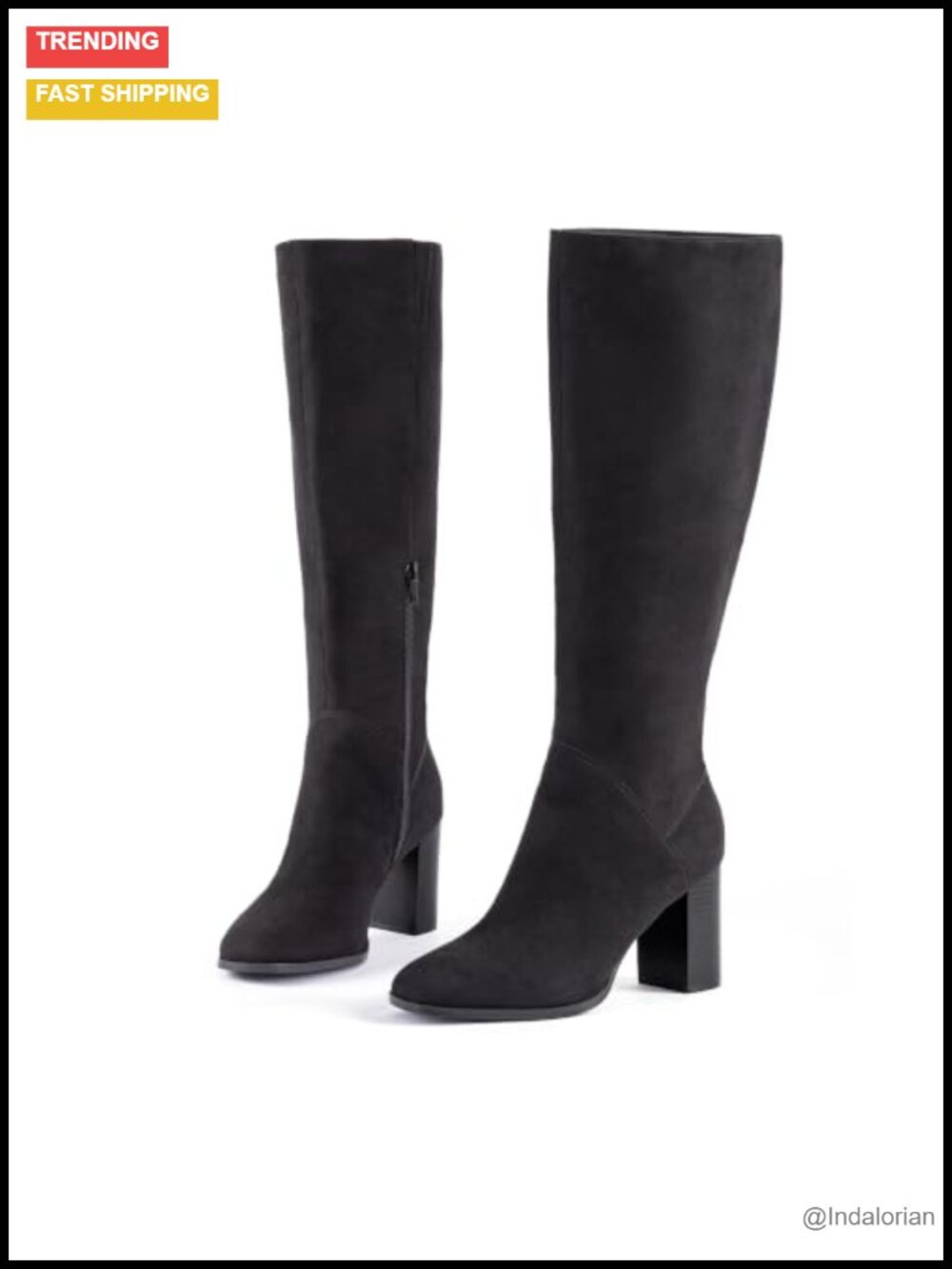 Faux Suede Knee High Boots Side Zipper Chunky Block Heel Square Toe